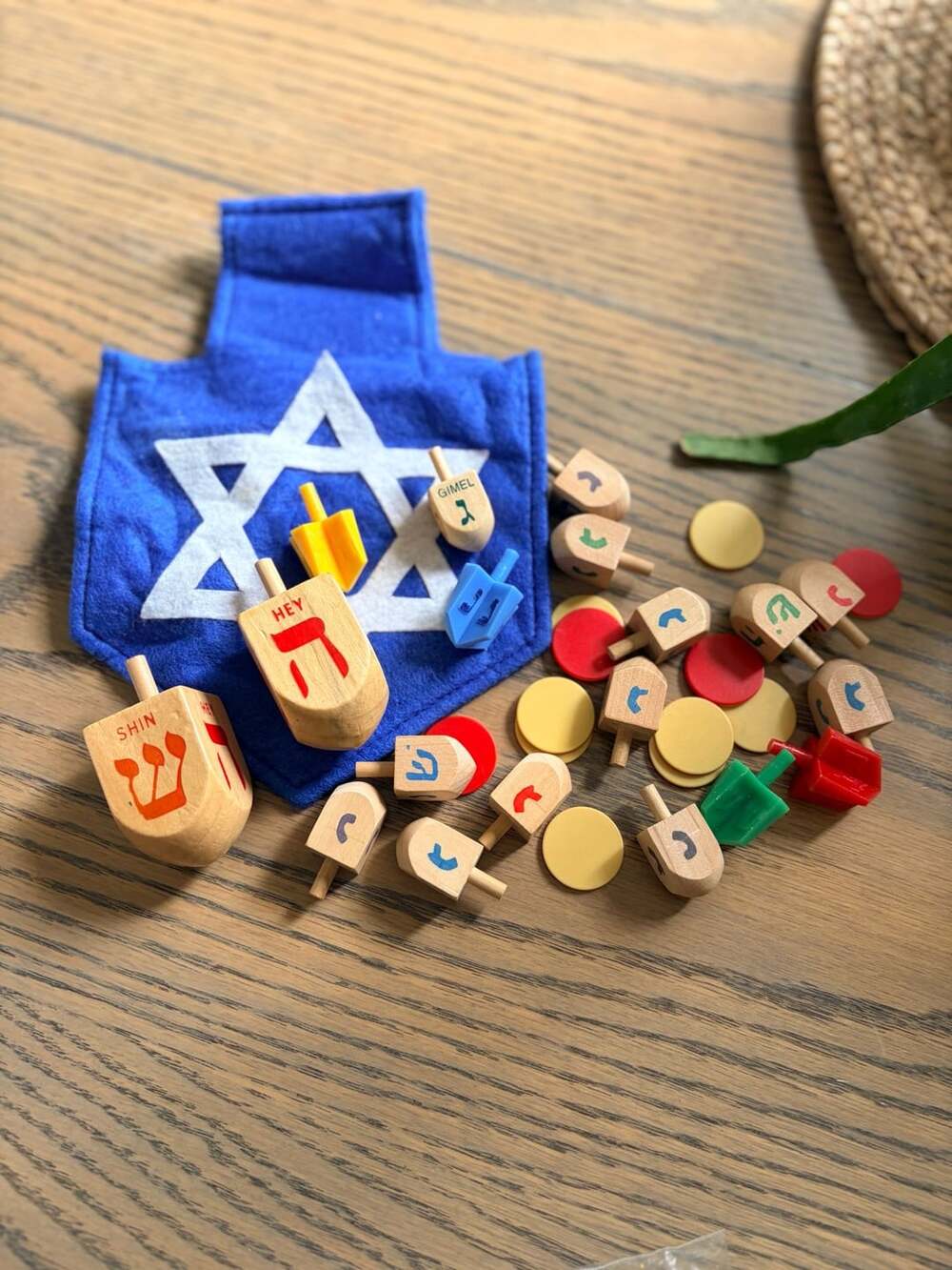 Hanukkah Wooden Dreidel Game Set With Bag And Coins